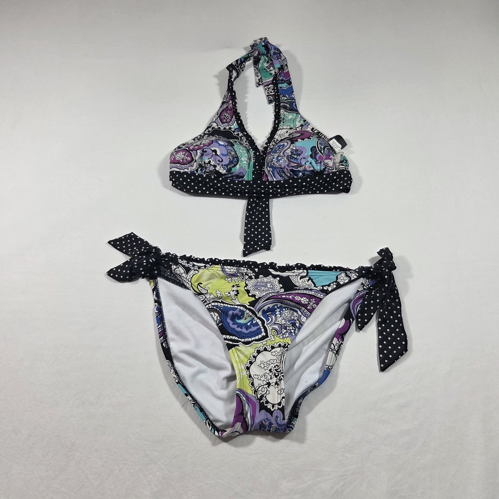 Kenneth Cole Paisley Halter Bikini Purple Teal Yellow Black Polka Dot Tie Ribbon